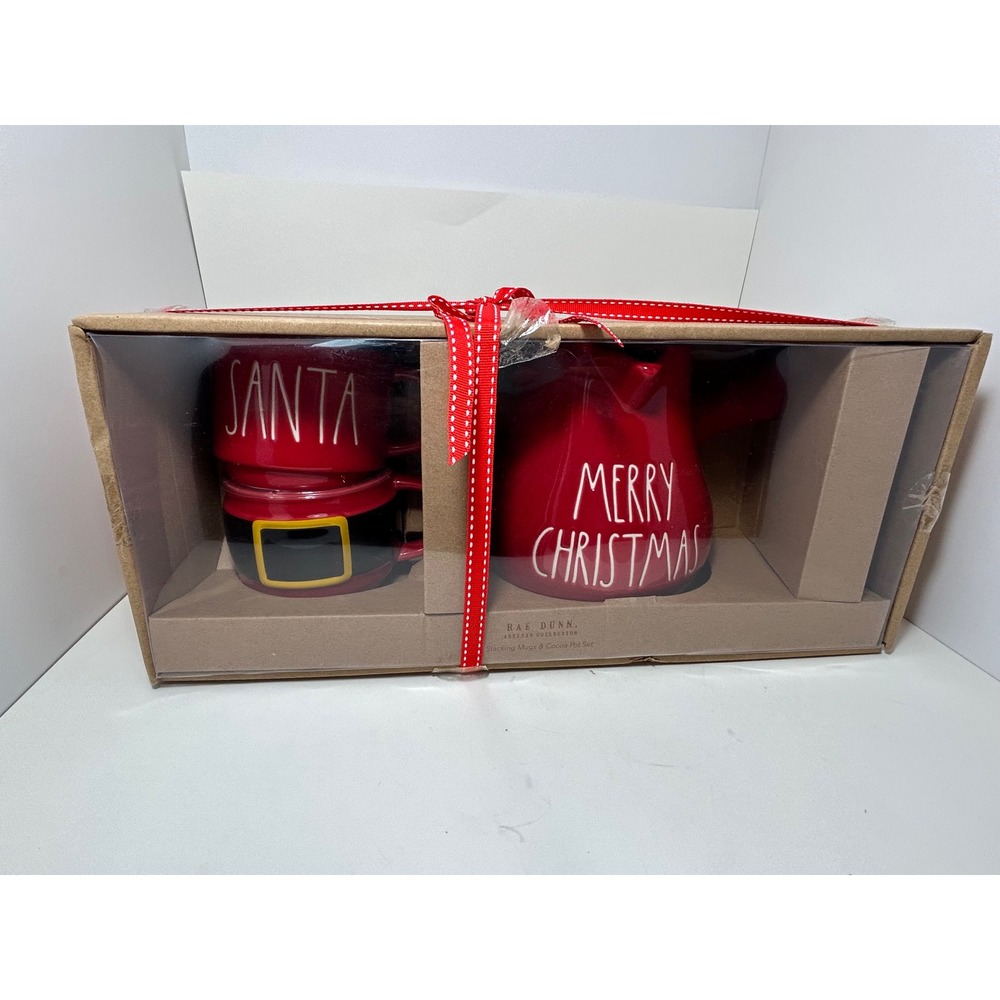 Rae Dunn Merry Christmas Cocoa Pot and Stacking Mugs Set Red Santa Belt New